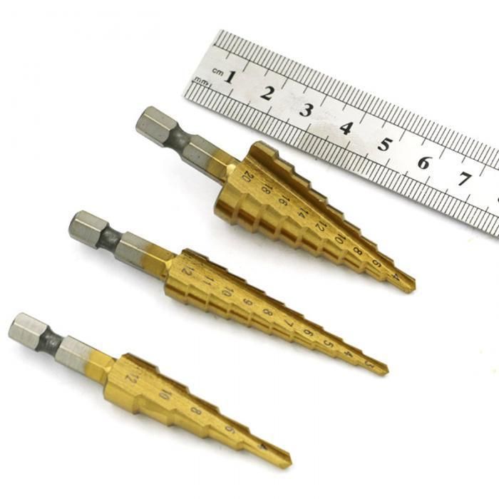 New Pratical 3 PCS HSS Titanium Coated Step Drill Bit 3-12mm 4-12mm 4-20mm High Speed Steel Wood Metal Drilling Hand Tools Set