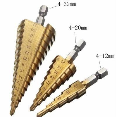 3PC HSS Step Drill Bit Set Cone Hole Cutter Taper Metric 4 - 12 / 20 / 32mm 1 / 4 &quot;Titanium Coated Metal Hex Core Drill Bits