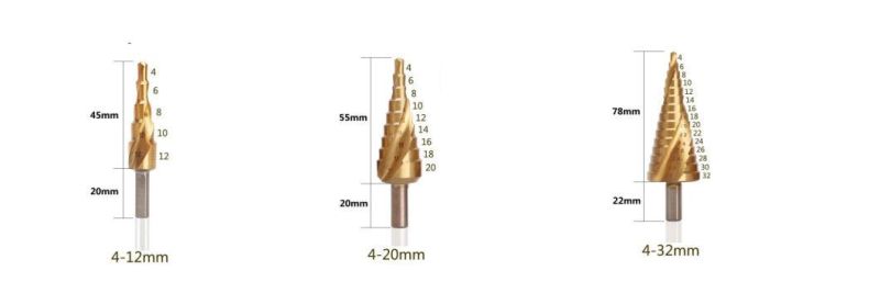 Industrial HSS Cobalt M42, M35, M2 Tin Coated Titanium Step Drill Bit with Straight/Spiral Flute for Drilling Wood, Stainless Steel, Metal, Copper, Plastic