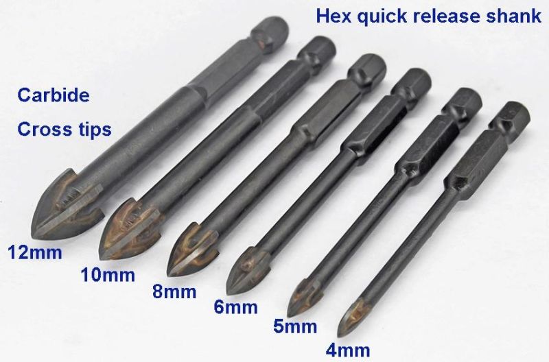 Glass Tile Porcelain Carbide Cross Tip Drill Bits with Quick Change Hex Shank