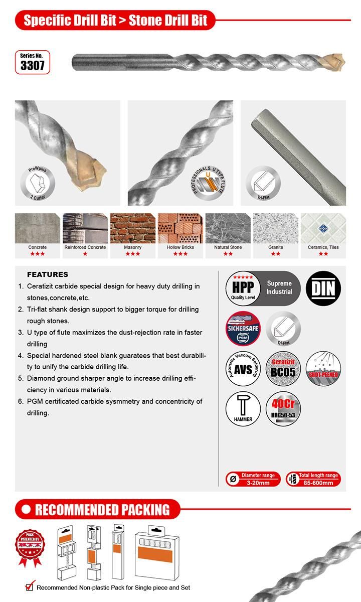 Pgm German Quality 2 Cutter Tct Multi-Purpose Universal Drill Bit Tri-Flat Shank for Concrete Brick Stone Metal Wood Fibre Tile Drilling