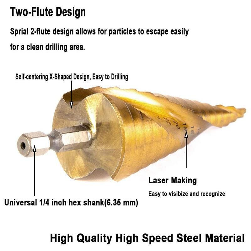 HSS Spiral Flute Step Drill Bit Set with Automatic Spring Loaded Center