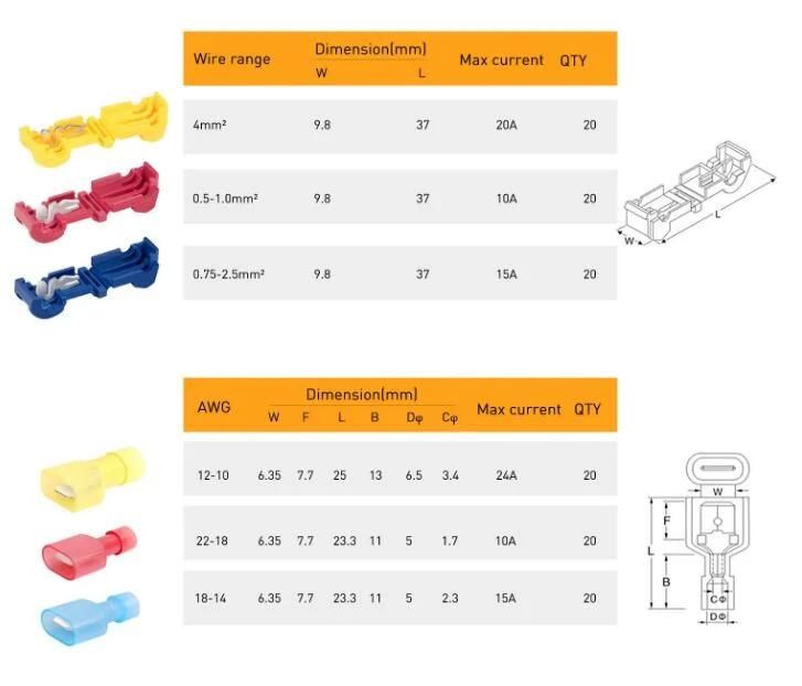 120 PCS/60 Pairs Quick Splice Wire Terminals T-Tap Self-Stripping