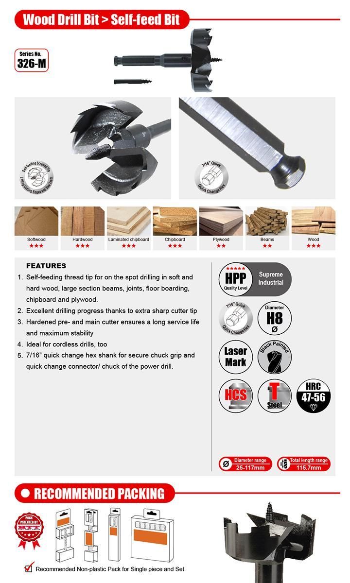 Supreme Quality 2 Cutter Wood Self-Feed Bit 7/16" Quick Change Hex Shank for Wood Timber Auger Drilling