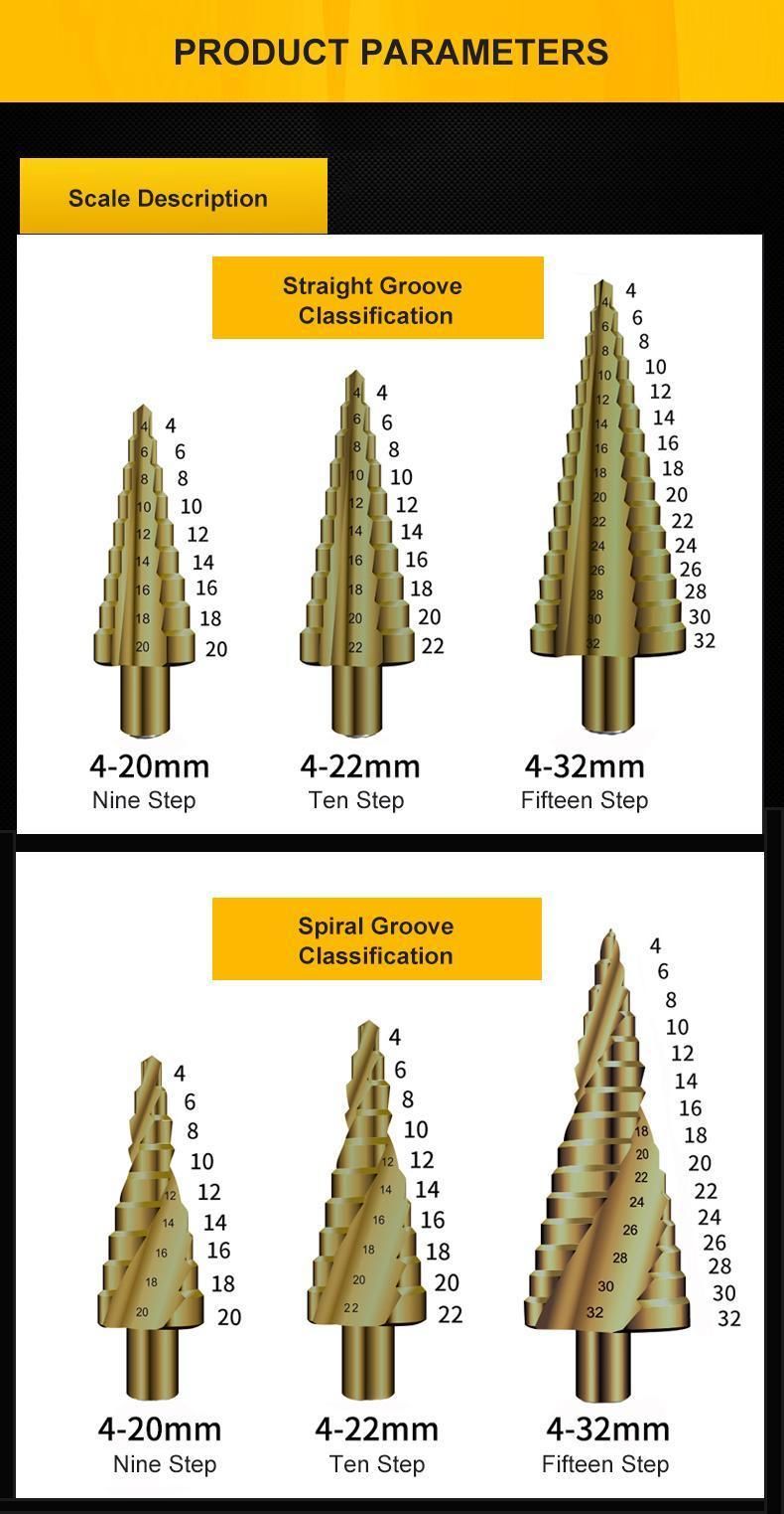HSS Titanium Spiral Groove Hexagonal Handle Step Drill Bit with Electric Tool Woodworking
