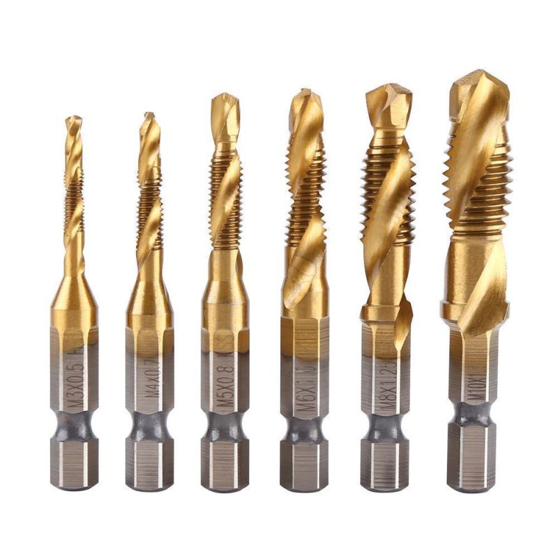 6PCS Metric Thread M3-M10 Titanium Coated HSS Drill with Tap Bits 1/4" Hex Shank