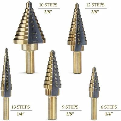 5PCS HSS Cobalt Multiple Hole 50 Sizes Step Drill Bits, Straight, Spiral, for Sheet Metal, with Aluminum Case, Wood Case, Step Drill Bit
