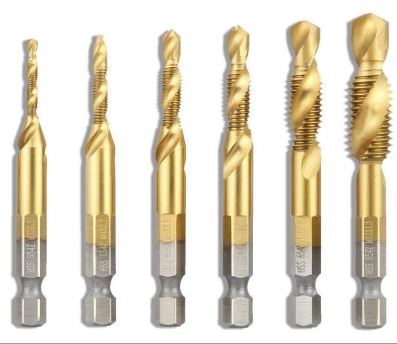 6 PCS Titanium Coated HSS 6542 Fluted Machine Screw Tap Kit, Hex Shank Combination Drill Tap Bit Spiral Screw Tap Set M3-M10, Gold W/Carry Case