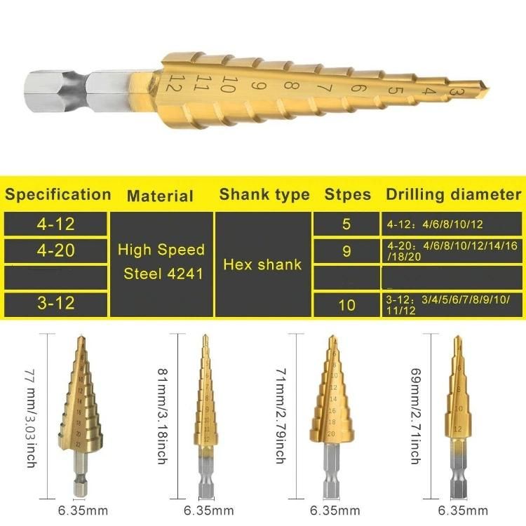 3PCS HSS Titanium Coated Spiral Grooved Step Drill Bit