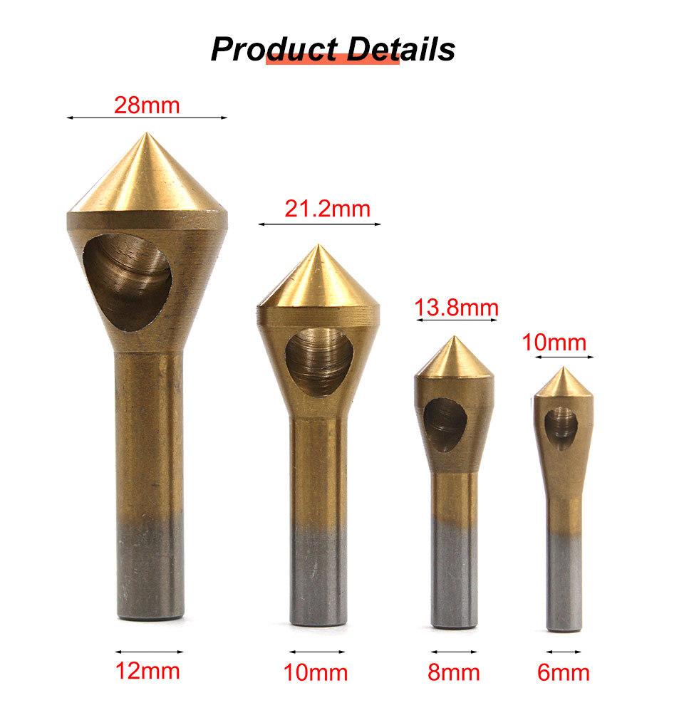 Z-Lion Quick Titanium-Plated 4PCS Cylindrical Shank Flute HSS Countersink Deburring Bit Set for Metal/Woodworking Hole Saw Drilling