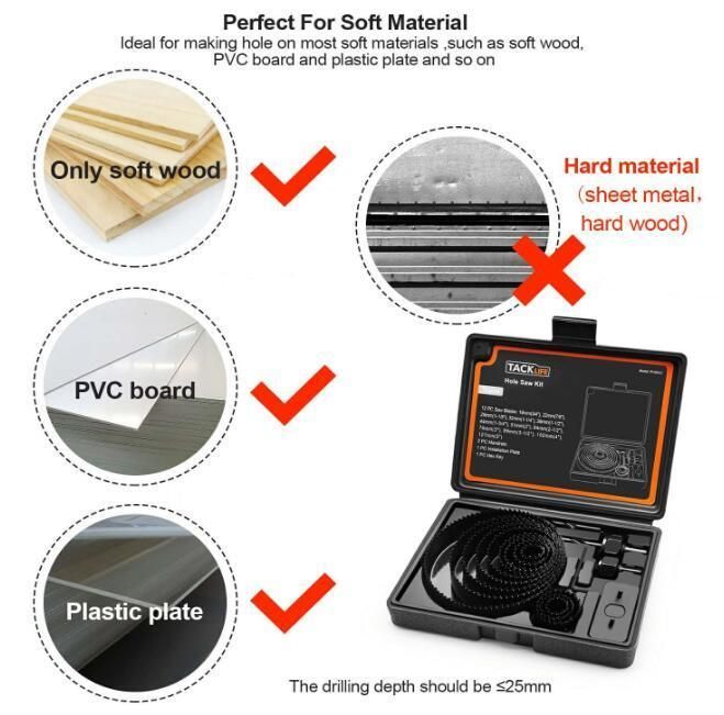 Hole Saw Kit, Full Set in Case with Mandrels, Hex Key and Install Plate for Soft Wood, PVC Board and Plastic Plate Drilling, Harden
