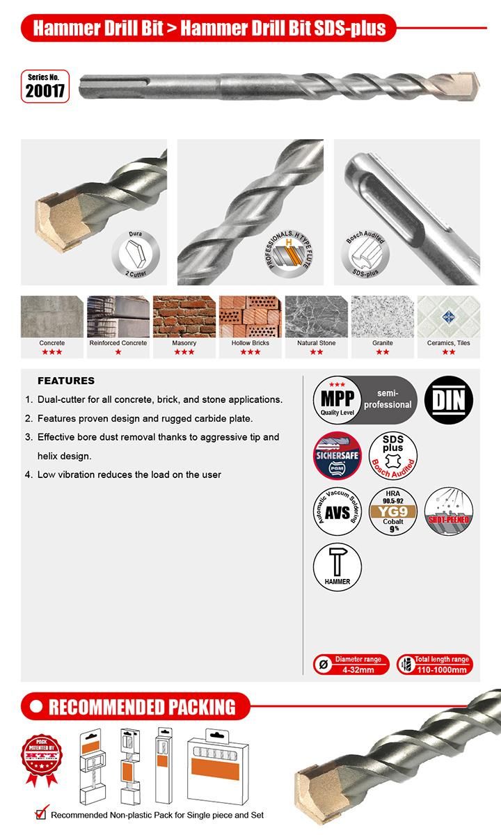 Pgm Quality 2 Cutter Hammer Drill SDS Plus for Concrete Brick Stone Drilling
