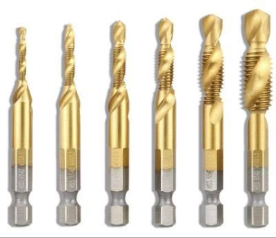 6 PCS Titanium Coated HSS 6542 Fluted Machine Screw Tap Kit, Hex Shank Combination Drill Tap Bit Spiral Screw Tap Set M3-M10, Gold W/Carry Case