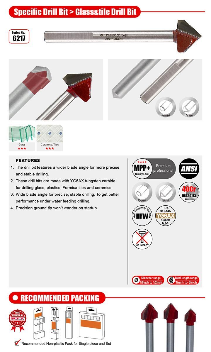 Supreme Quality T. C. T. V-Groove Glass&Tile Drill Bit ANSI Standard for Glass, Ceramic, Tile, Porcelain Stoneware Drilling