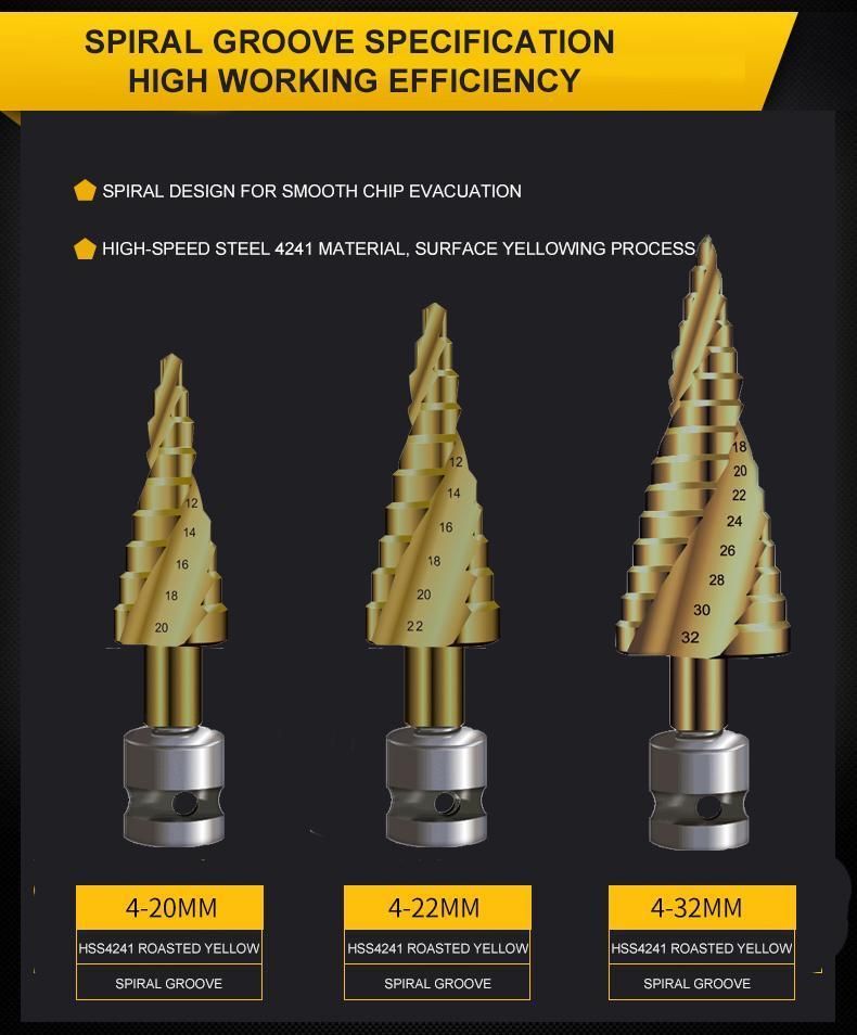 HSS Titanium Spiral Groove Hexagonal Handle Step Drill Bit with Electric Tool Woodworking
