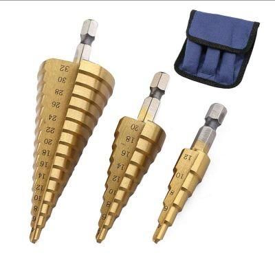 3PCS High-Speed Steel Step Drill Bit Set, Titanium Coated Metal Hole Cutter 1/4&quot; Hex Shank Drive Quick Change 4-12mm/4-20mm/4-32mm