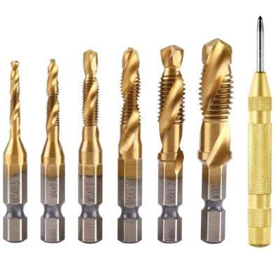 6 PCS 1/4&quot; HSS Spiral Hex Shank Combination Drill Screw Tap Bit Set (M3-M10) with Automatic Spring Loaded Center Punch Tool
