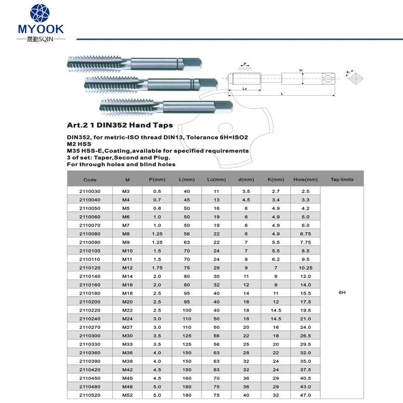 DIN 352 Straight Shank Hand Taps 3 PCS Alloy Steel