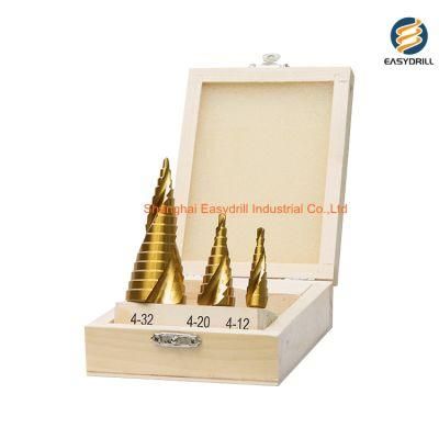 3PCS HSS Drills Set Metric Spiral Flute Titanium Step Drill Bit Set for Metal Tube Sheet Drilling in Wooden Case (SED-SD3-SFW)