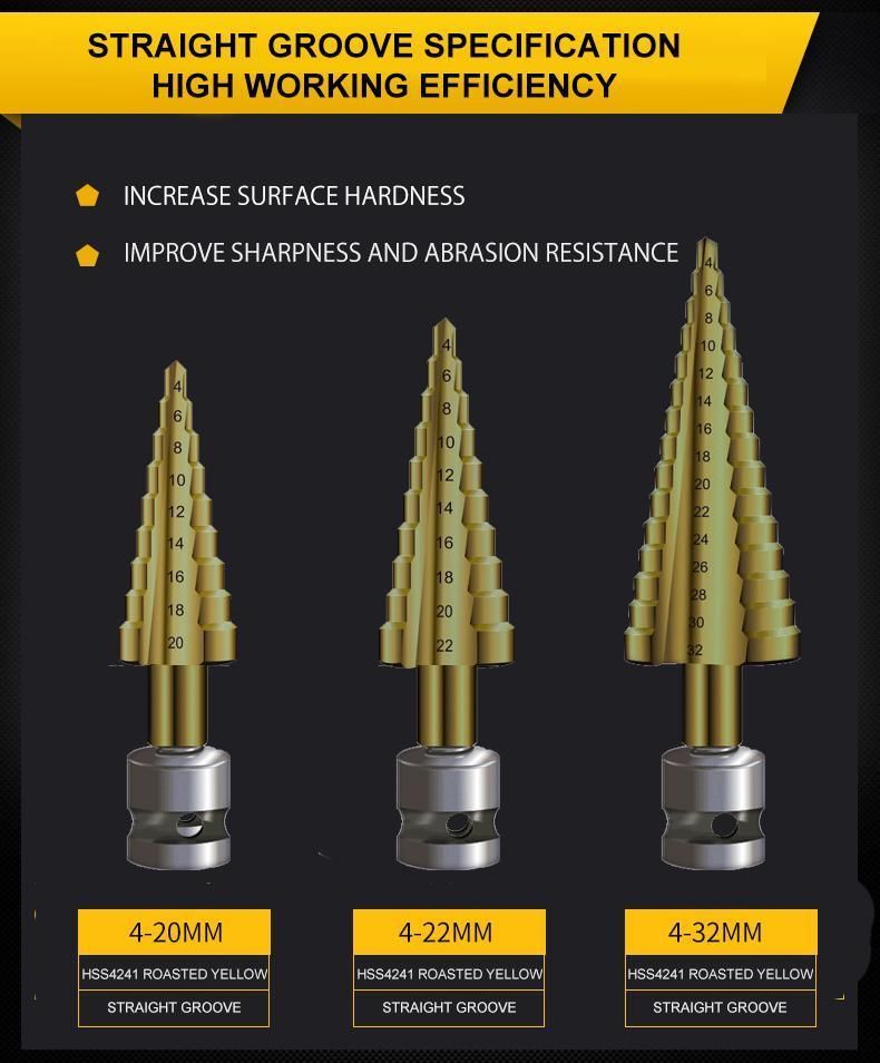 Power Tools Drill Titanium Step Drill Bits Three Flat Shank Spiral Groove Pagoda HSS M35 Drill Bits