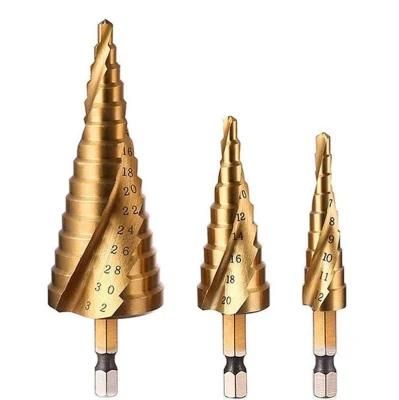 3 PCS Step Drill Bit Set 1/4 Inch HSS 4241 Hex Shank Metric Spiral Grooved 4-12mm 4-20mm 4-32mm Tin Coating