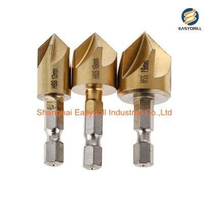 3PCS Hex Shank 90 Degree 5 Flutes HSS Countersink Chamfering Drill Bit Set for Metal Deburring (SED-CS5F-3)