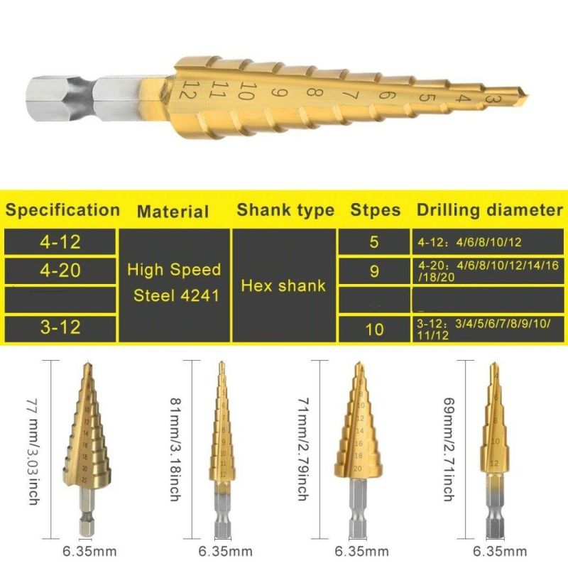 5pack HSS Grooved HSS Titanium Coated Spiral Step Drill Bit