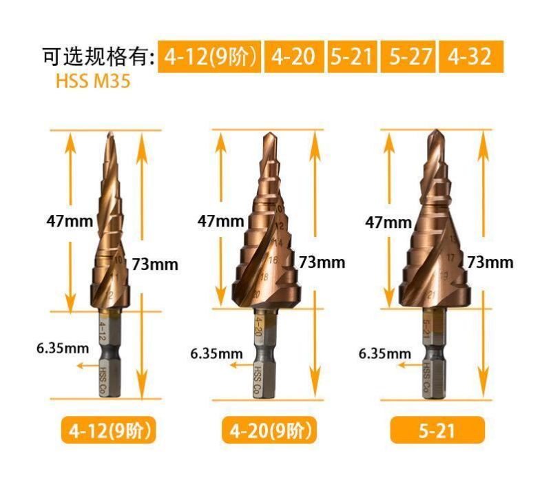 M35 Hex Shank HSS Cobalt Spiral Flute Step Drill 4-12