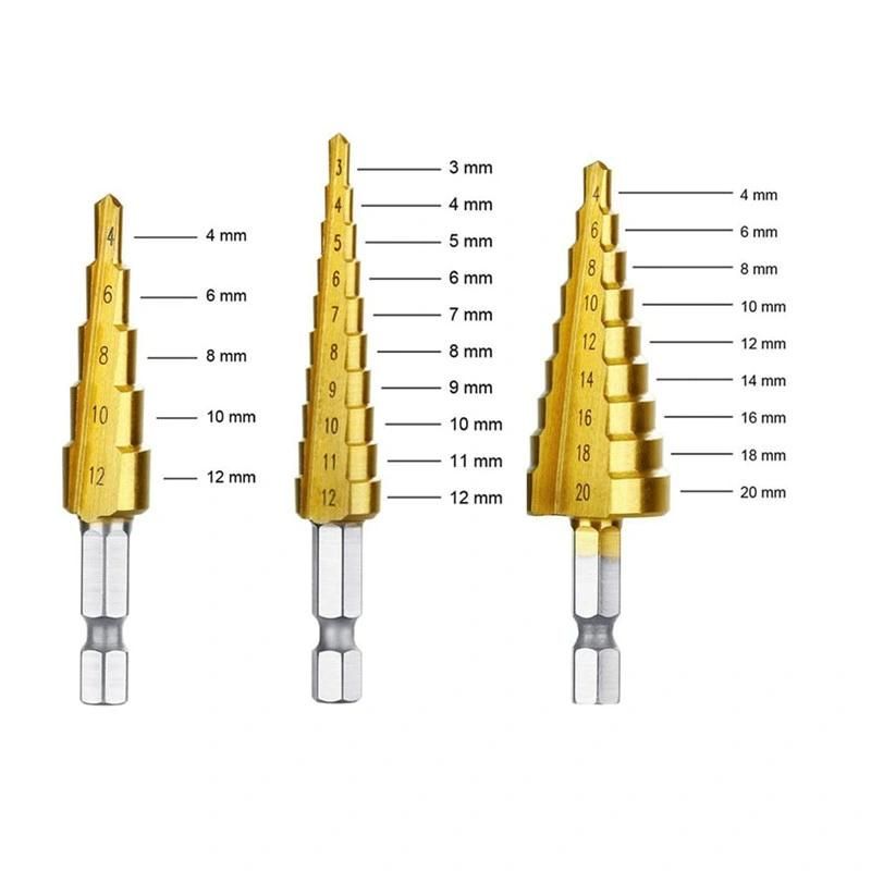 3 PCS Step Drill Bit Set 1/4 Inch HSS 4241 Hex Shank Metric Straight Groove 3-12mm 4-12mm 4-20mm