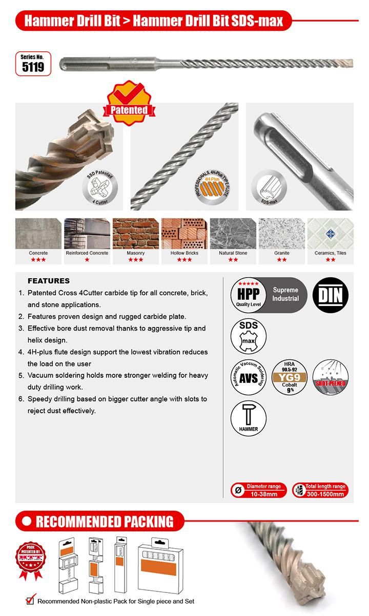 Premium Quality SSD Turbo Cross Cutter Hammer Drill Bit SDS Max 4h Flute for Concrete Brick Cement Stone Drilling