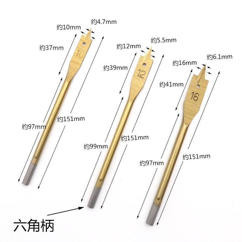 Titanium Coated Quick Change Hex Shank Tri-Point Flat Wood Spade Drill Bit with Cutting Groove