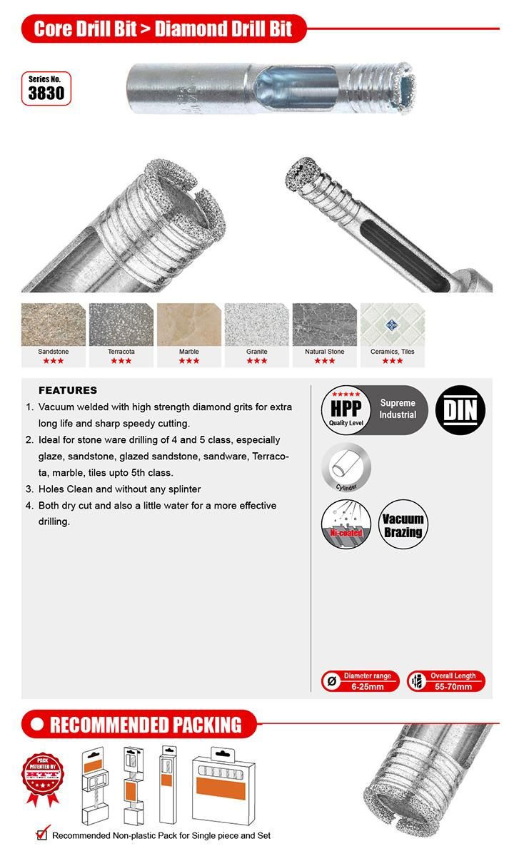 Speedy Diamond Drill Bit Cylindrical Shank Vacuum Brazed for Granite, Stone, Tile, Ceramic, Porcelain, Hard Plate Drilling