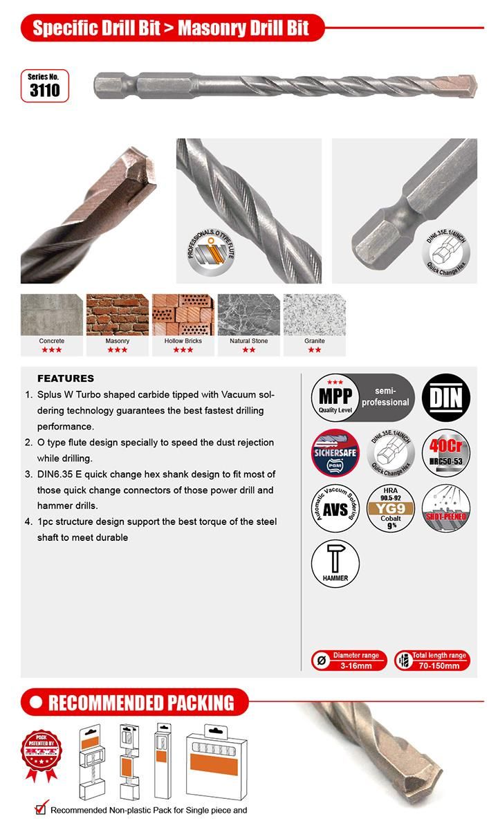 Pgm Premium Quality Tct Concrete Drill Bit O Flute DIN6.35e Quick Change Hex Hank for Various Concrete Brick Cement Drilling