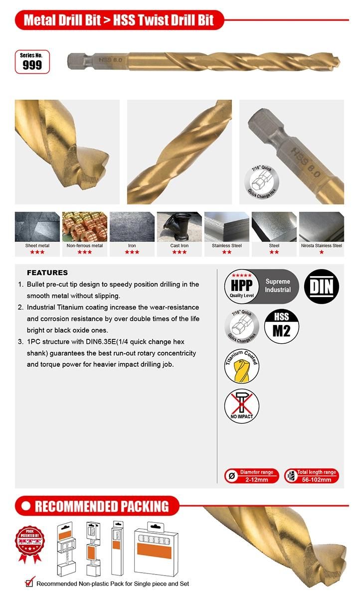 Extreme Impact HSS-Tin Metal Twist Drill Bit DIN6.35e Shank for Alloy Steel Iron Metal Drilling