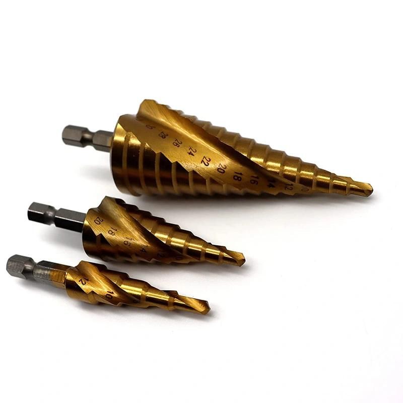 3 PCS Step Drill Bit Set 1/4 Inch HSS 4241 Hex Shank Metric Spiral Grooved 4-12mm 4-20mm 4-32mm Tin Coating