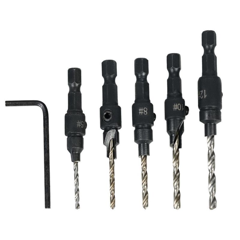 6PCS Set Hex Shank 4 Flute HSS Wood Countersink Taper Drill Bit with Stop Collars for Wood Screw