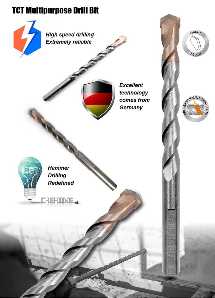 Pgm German Quality Tct All-Purpose Universal Drill Tri-Flat Shank for Metal Stone Masonry Brick Wood Chipboard Plywood Granite Drilling