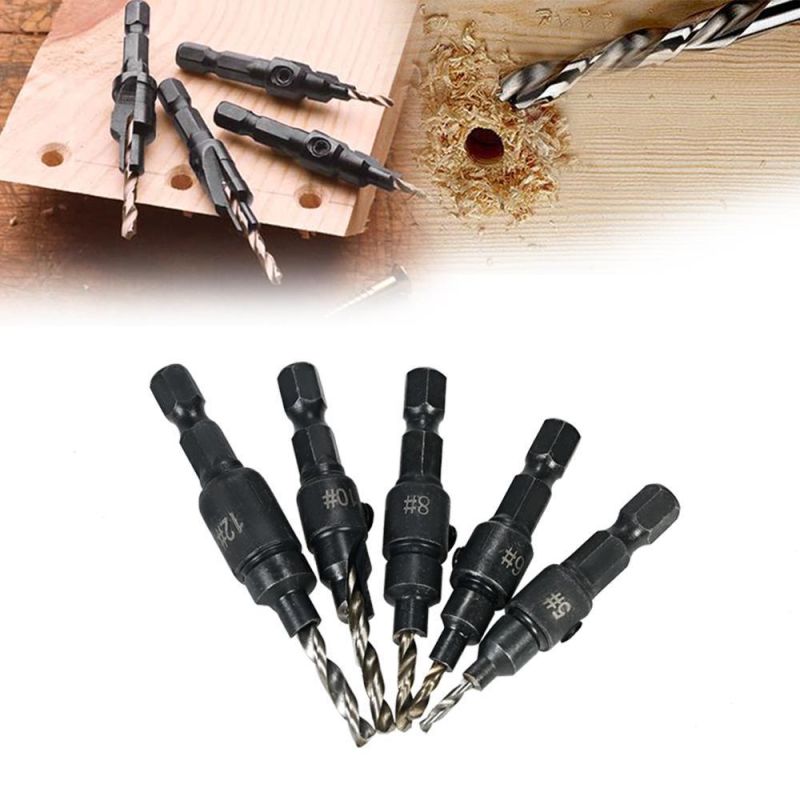 6PCS Set Hex Shank 4 Flute HSS Wood Countersink Taper Drill Bit with Stop Collars for Wood Screw