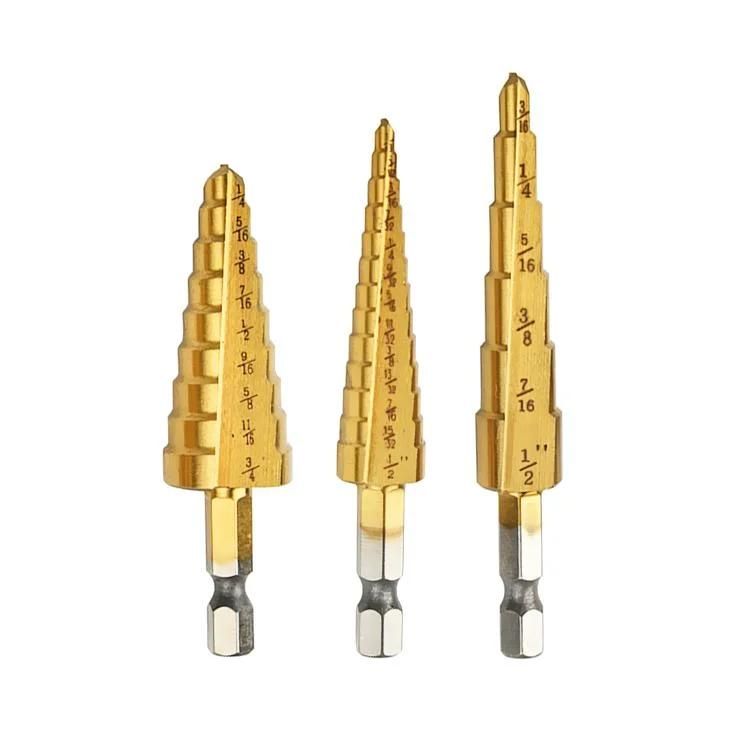 3PCS Straight Flute Hex Shank Step Dill Bits HSS Tin Inch