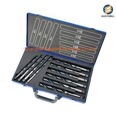 10 PCS HSS Drills Black Oxide DIN345 Morse Taper Shank Twist Drill Bits Set with Metal Box for Metal Drilling (SED-TDBS10)