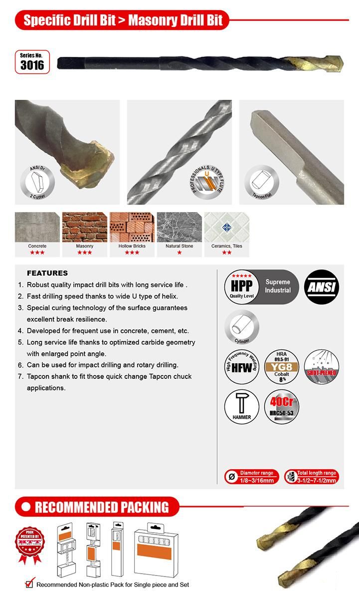 High Quality Tapcon Concrete Drill Bit with Flat Shank for Concrete Brick Drilling