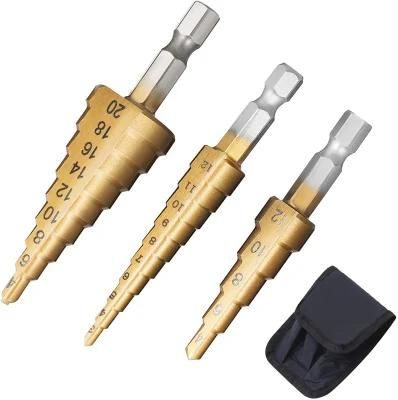 Titanium Coated 3 PCS HSS Step Core Drill Bits Kit for Metal Drilling