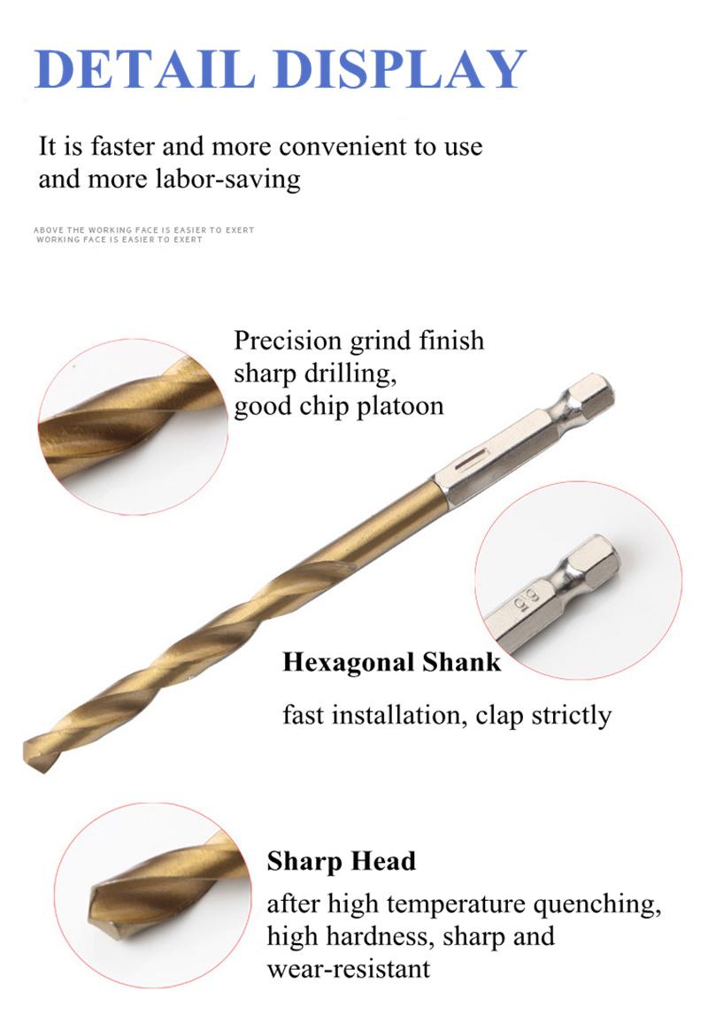 HSS Twist Drill Bit 1/4 Hex Shank Twist Drill Bit High Speed Steel for Wood Plastic Drilling Tool