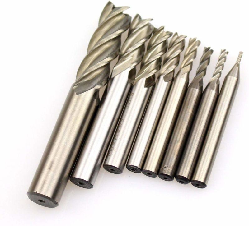 1/16′′ 1/8′′ 5/32′′ 3/16′′ 1/4′′ 5/16′′ 3/8′′ 1/2′′ HSS 4 Flute Straight Shank Square Nose End Mill Cutter (8 PCS)