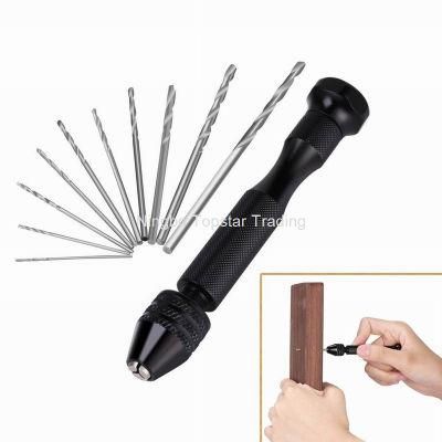 Mini Aluminum Hand Drill with Keyless Chuck 10 Twist Drills Bits Rotary Wood Drilling Set