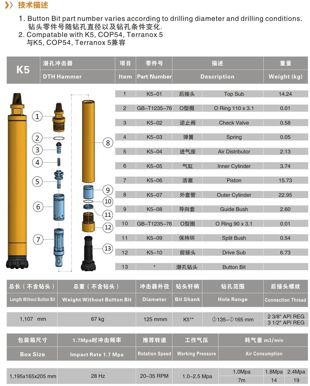 Kaishan SPE K5 135-165mm 5inch High Pressure 10-25Bar DTH Impacter