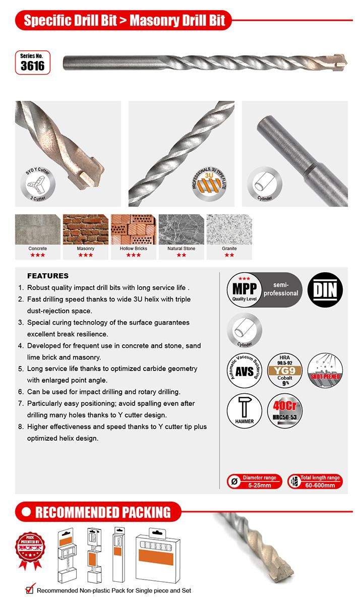 Premium Quality Y Cutter Quick-Drill Masonry Drill Cylindrical Shank for Masonry Stone Brick Stone Granite Drilling