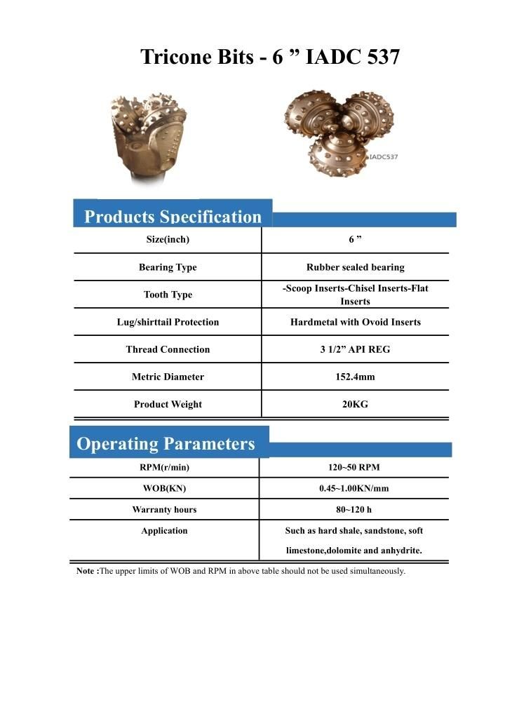 Tricone Bit 6 Inch 152mm IADC 537 for Water Well Drilling