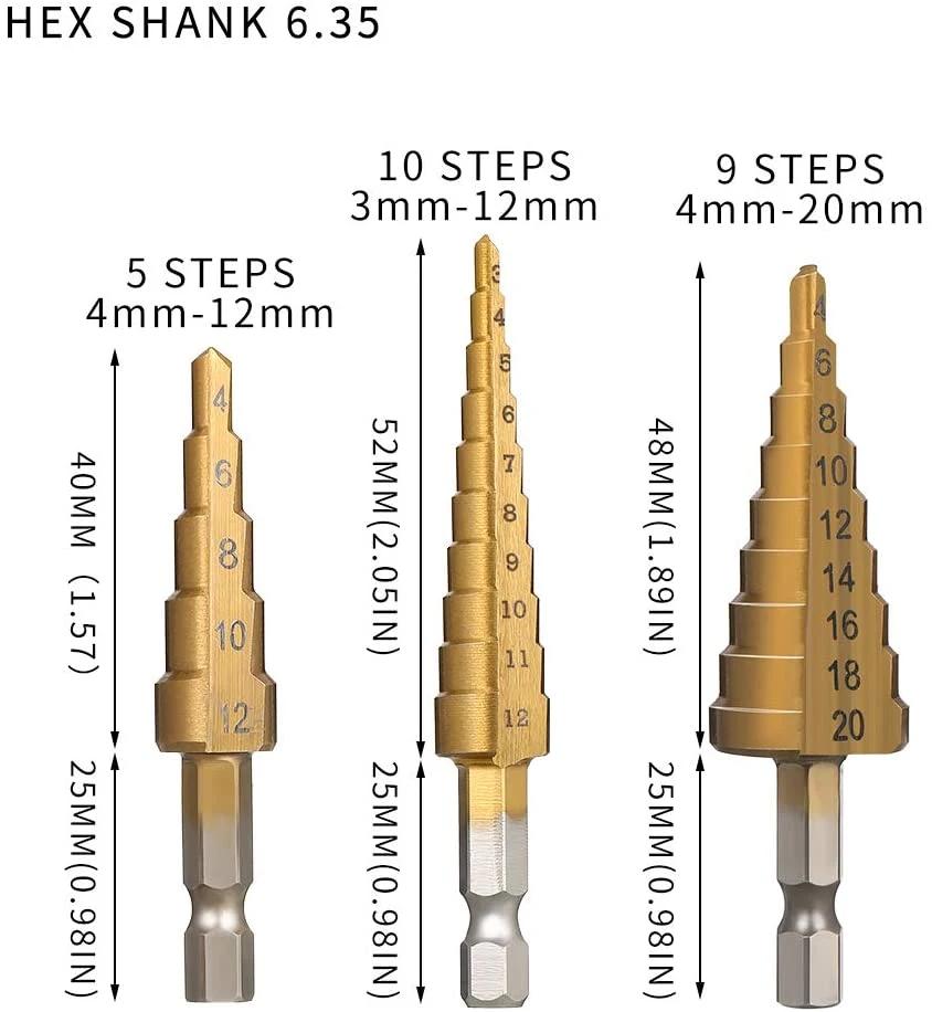 Titanium Coated 3 PCS HSS Step Core Drill Bits Kit for Metal Drilling