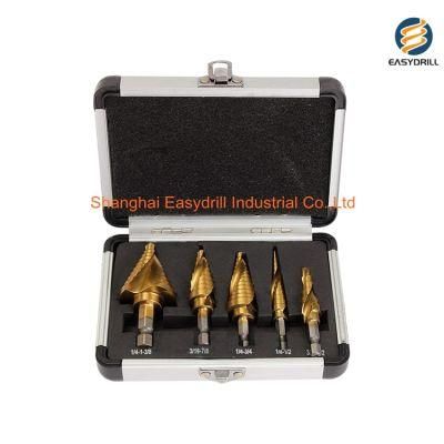 5PCS Inch Hex Shank Spiral Flutes Titanium HSS Step Drill Bit Set for Multiple Hole Metal Cutter in Aluminum Case (SED-SD5-ST)